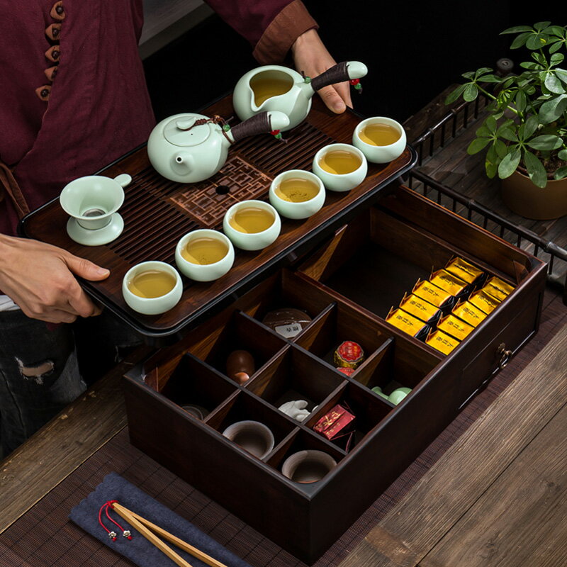 新款白瓷功夫茶具套裝蓋碗茶杯茶道茶盤多功能收納盒茶臺家用蓄水