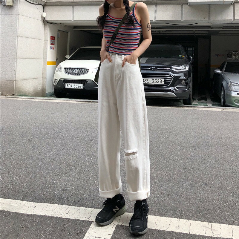夏裝寬松百搭簡約牛仔褲女直筒乞丐褲顯瘦闊腿褲長褲破洞褲子1入
