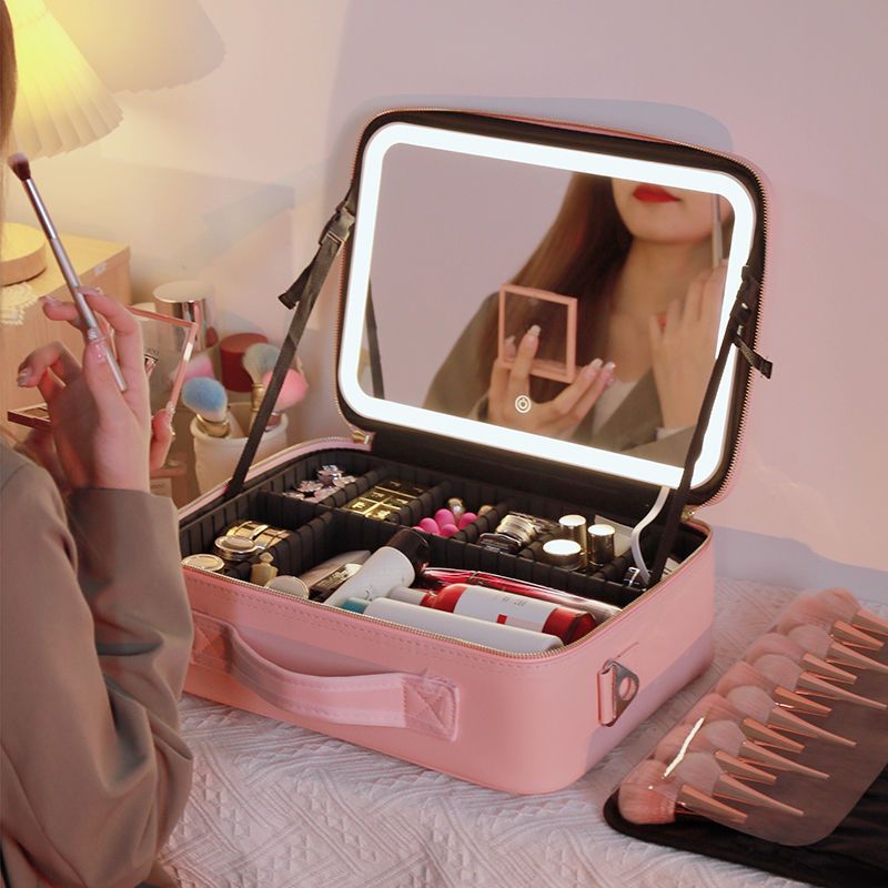 免運 化妝收納包收納箱 大容量帶鏡子化妝包便攜2021新款帶燈化妝品收納盒ins超火收納包