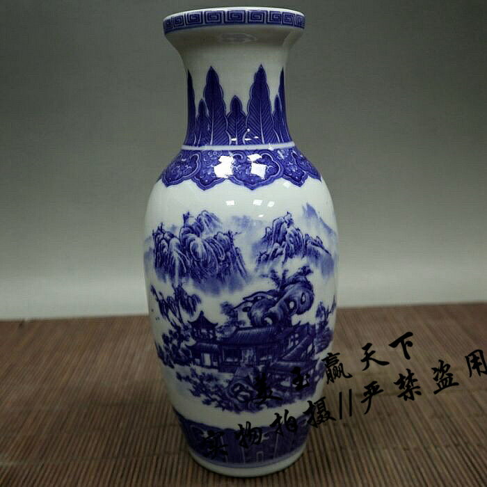 古玩瓷器收藏 景德鎮青花瓷山水花瓶擺件 深山訪友家居工藝品擺設