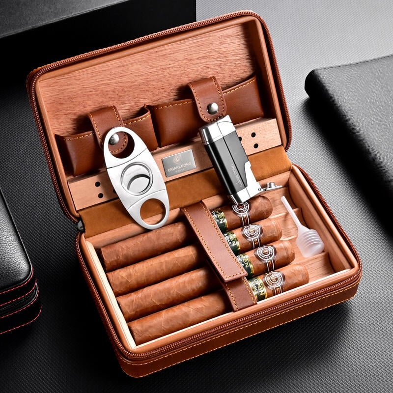【可開發票】茄龍雪茄盒套裝雪茄剪打火機保濕盒便攜式雪茄盒雪松木雪茄煙盒