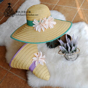 韓版甜美小清新花朵大沿檐草帽女沙灘海邊旅游度假可折疊遮陽帽子1入
