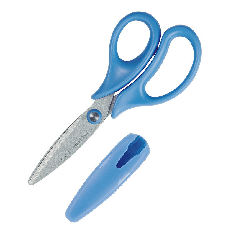 PLUS 普樂士 兒童剪刀 左手用 不沾膠附蓋 藍 /支 SC-145CL（34-308）