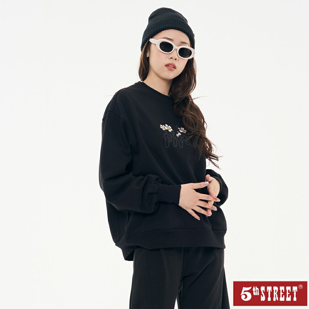 女裝 大學T 長袖 TEE 花朵 上衣 黑色 (561007) 【5th STREET】【APP下單享4%回饋】