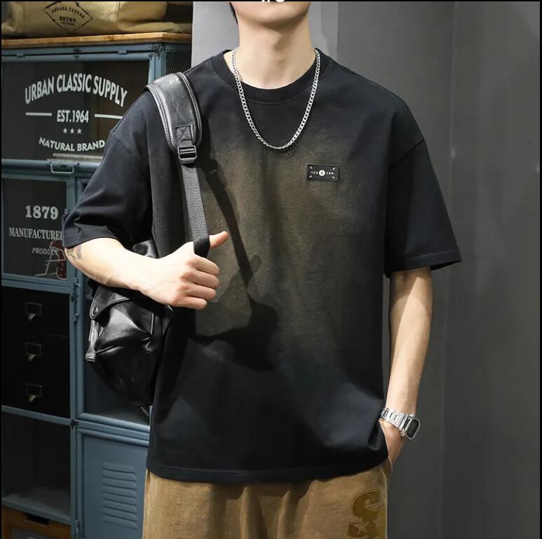 漸變短袖T恤男美式高街寬鬆休閒體恤純棉半袖潮【繁星小鎮】P