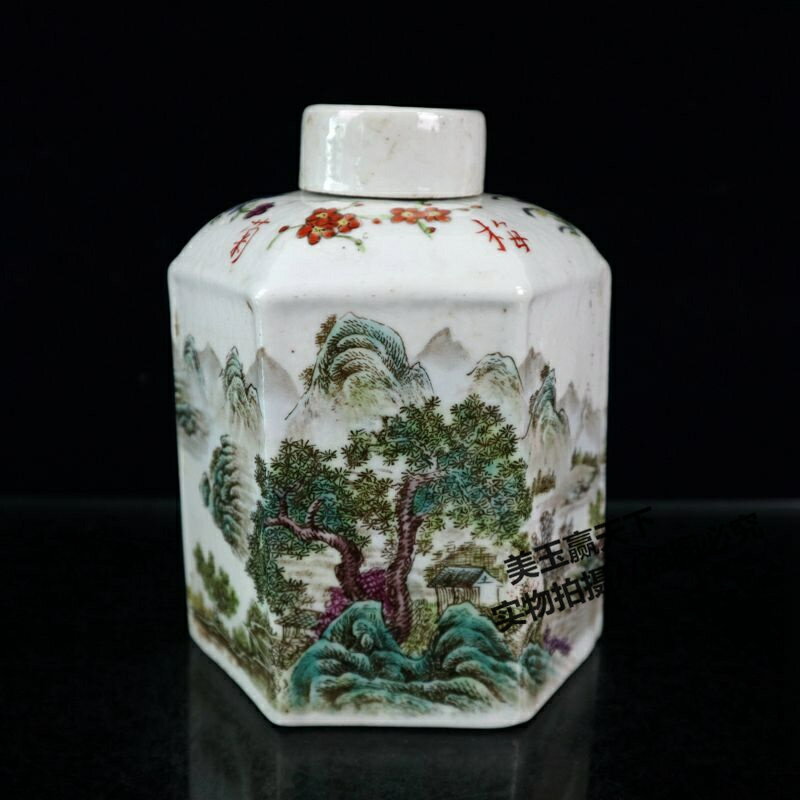 古玩收藏 景德鎮陶瓷器山水罐 六方茶葉罐 儲物罐梅蘭竹菊花卉罐