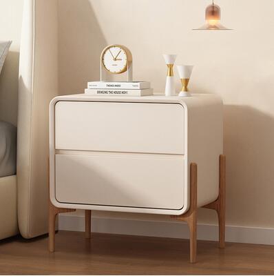簡約現代實木床頭櫃皮質意式輕奢臥室極簡小型儲物奶油床邊櫃新款