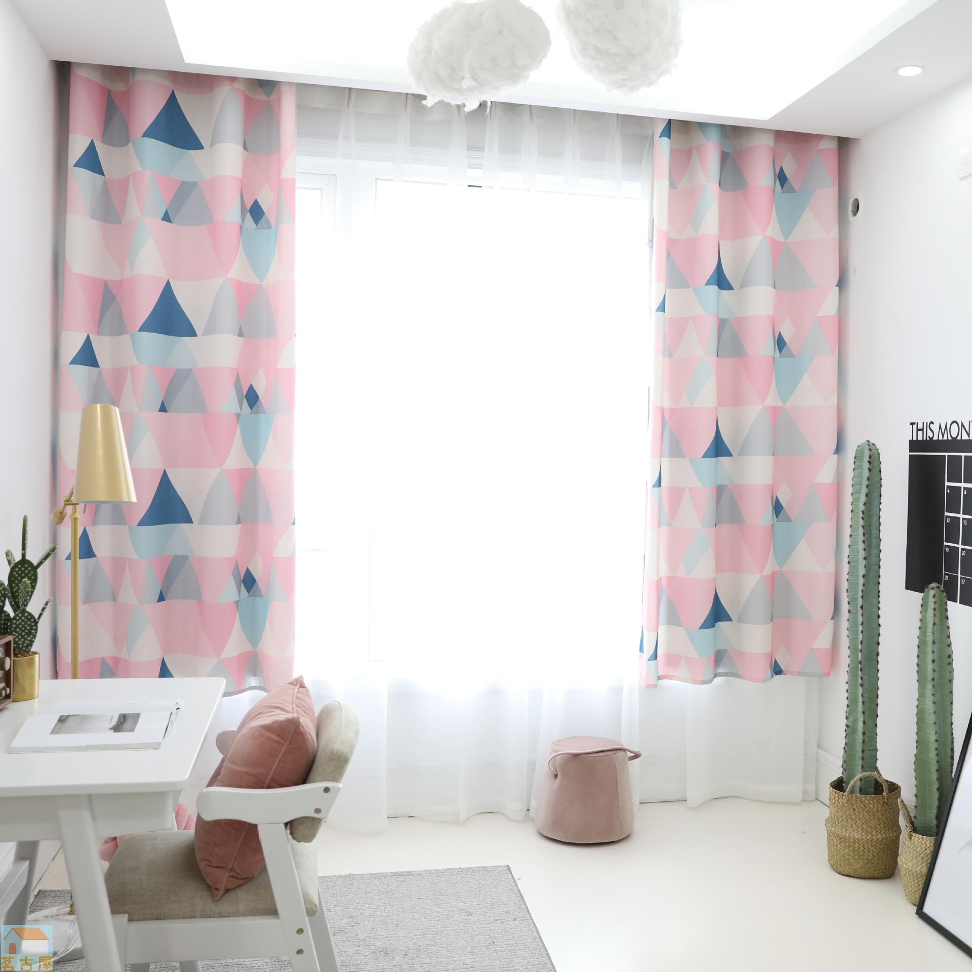 窗簾成品幾何三角粉色印花廠家現貨批發簡約半遮光成品窗簾跨境