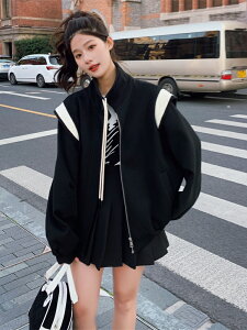 黑色太空棉棒球服外套女春秋設計感小眾開衫衛衣夾克