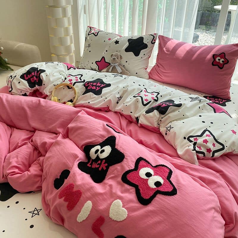 新款立體刺繡系列 桃紅星星全棉刺繡床包四件套