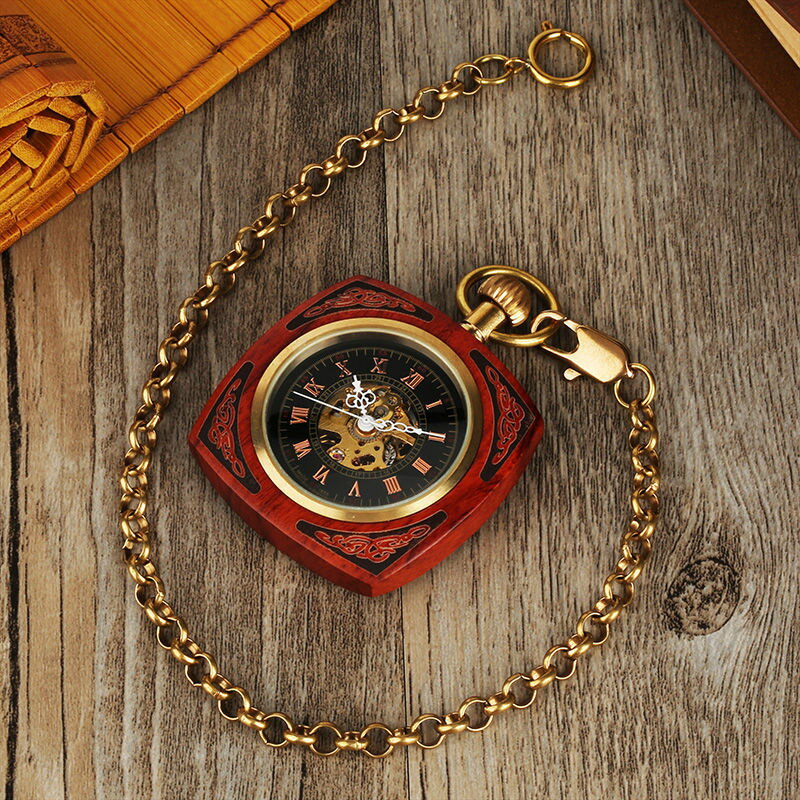 方形紅木自動機械懷錶 復古無蓋羅馬字機械錶 木錶 收藏珍品禮物正品