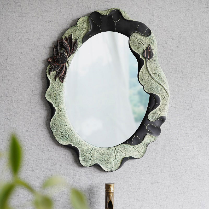 新中式藝術個性浴室裝飾壁掛衛生間復古圓形創意化妝梳妝荷花鏡子