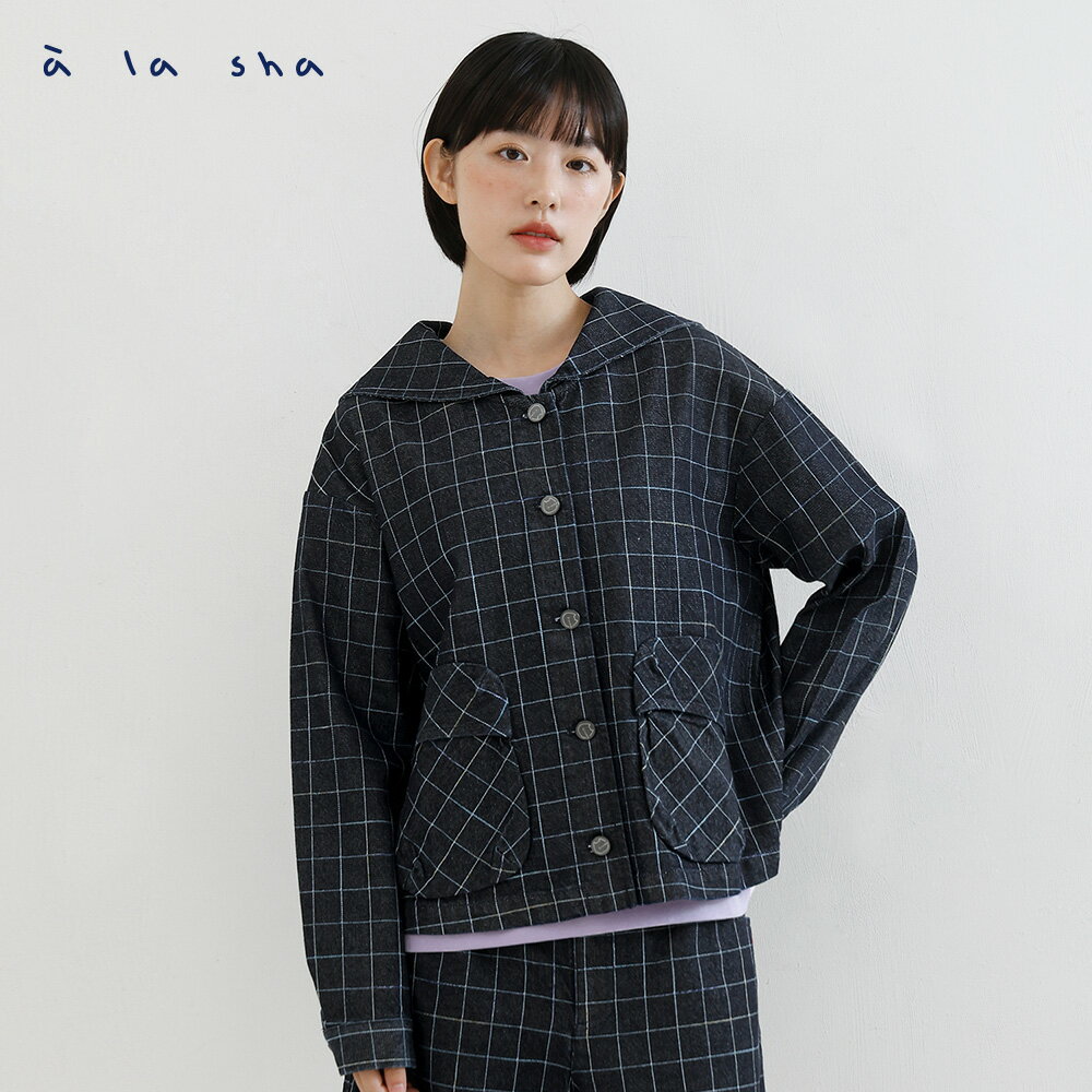 a la sha 水手領片彩色格紋牛仔外套