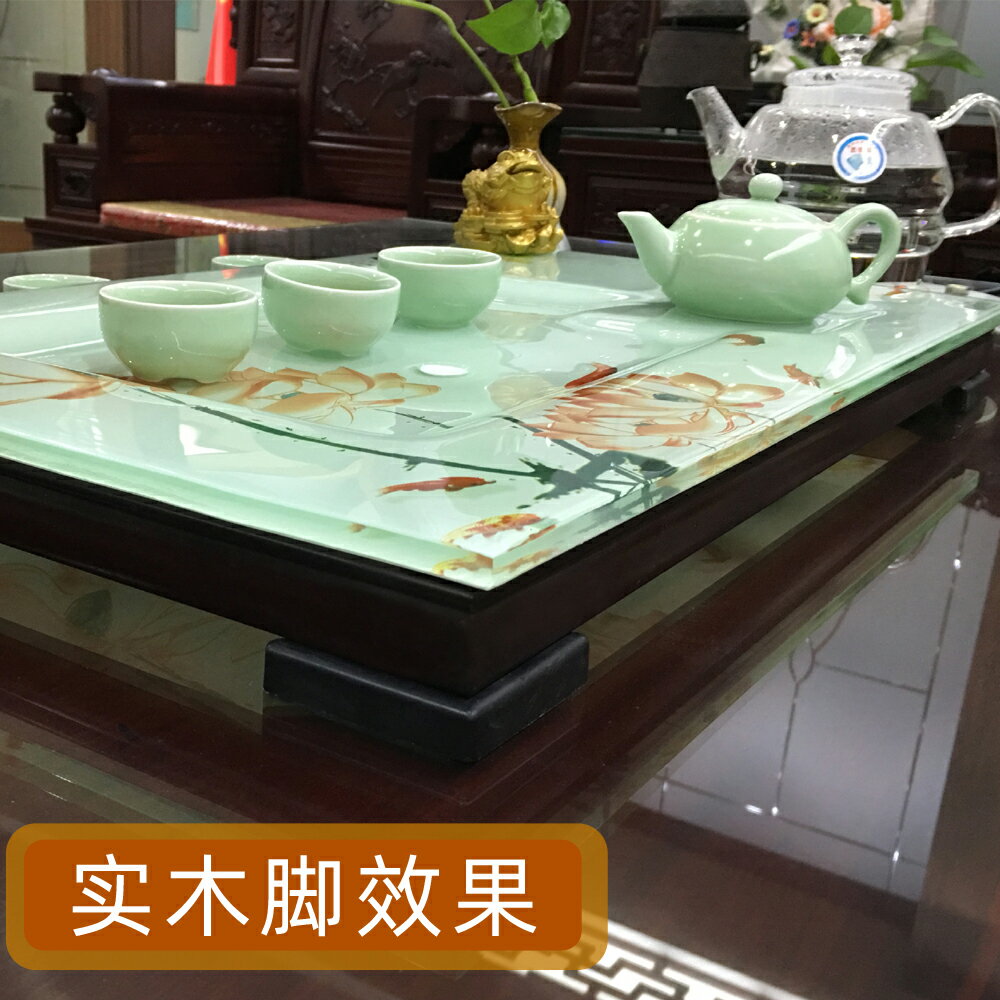 鋼化玻璃茶盤琉璃簡約功夫茶具套裝排水式家用茶臺茶托盤單層 1