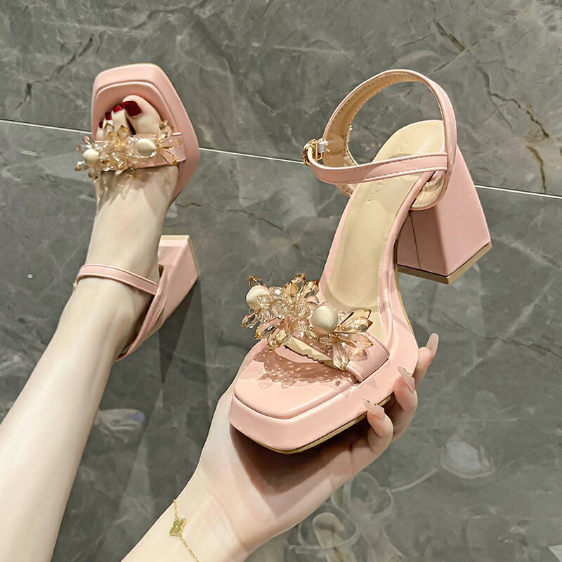 法式小眾仙女風水鉆水晶粉色一字扣帶涼鞋女夏季新款高跟鞋