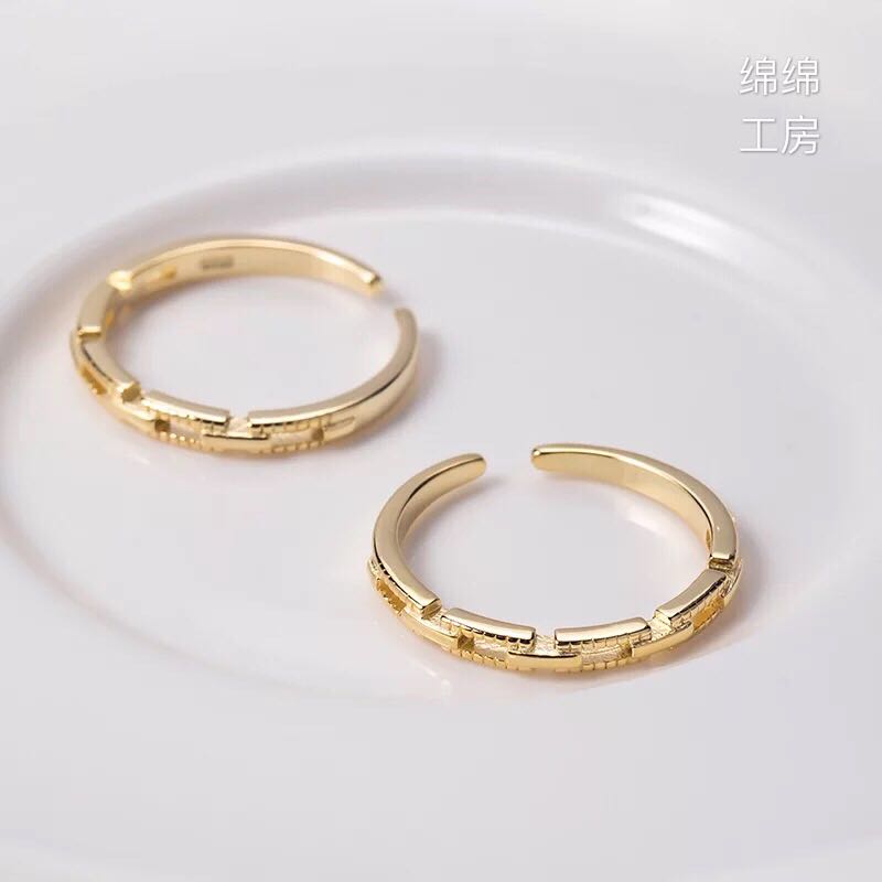 外貿歐美風925銀簡約立體接扣式戒指女金色鏤空幾何潮流開口指環