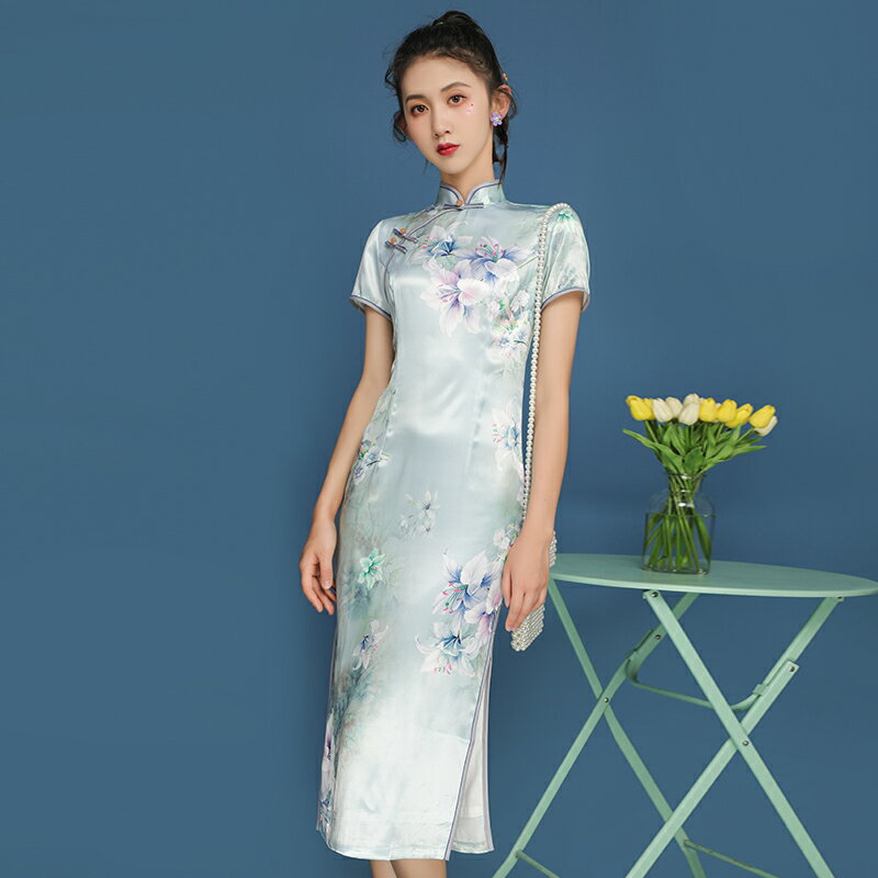 夏季新款立領短袖修身旗袍年輕款中國風復古大花改良版連衣裙