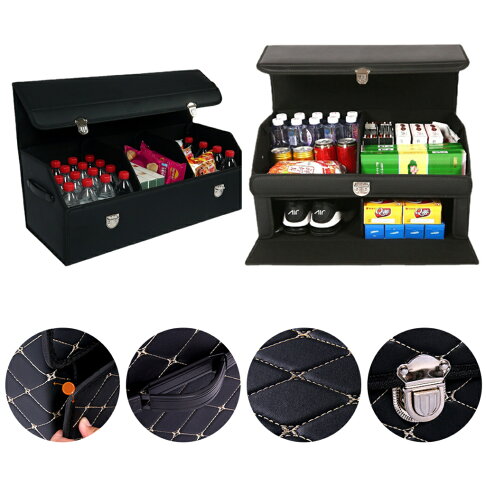 ISONA 單層皮革材質木板夾層 車用置物箱 床下收納箱 後車廂收納箱 汽車收納箱 車用收納箱 車用整理箱 0