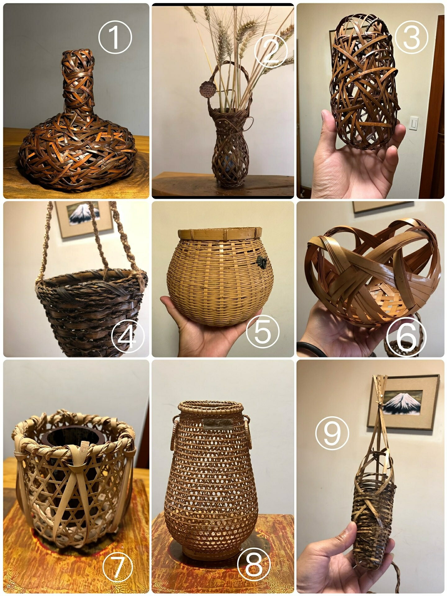 日本中古迴流手工老竹藤編花器花籃花入 掛花器 合集多選