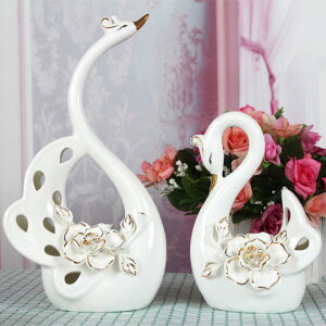 歐式家居陶瓷工藝擺件客廳裝飾品 純白描金情侶小天鵝 結婚禮物