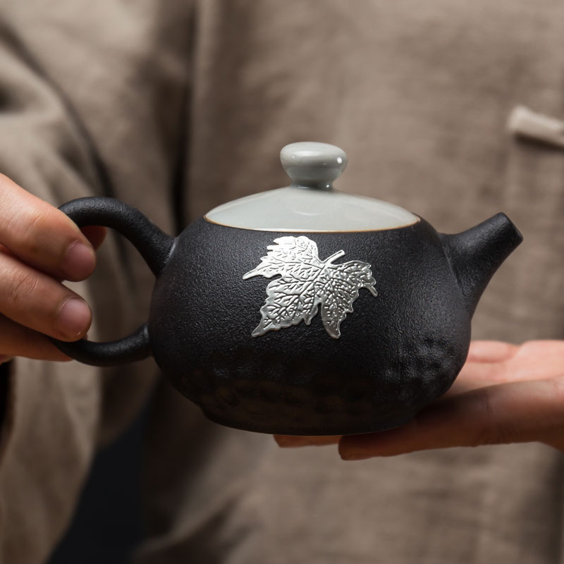 黑陶西施茶壺陶瓷過濾單壺泡茶壺家用功夫茶具小日式簡約粗陶錫片