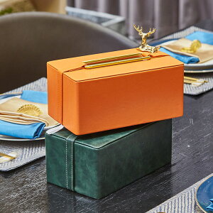 北歐現代輕奢愛馬橙皮抽紙盒簡約美式墨綠紙巾盒遙控收納茶幾擺件