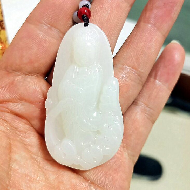 天然和田玉觀音吊墜 和田白玉觀音蓮花菩薩 羊脂白玉觀音吊墜