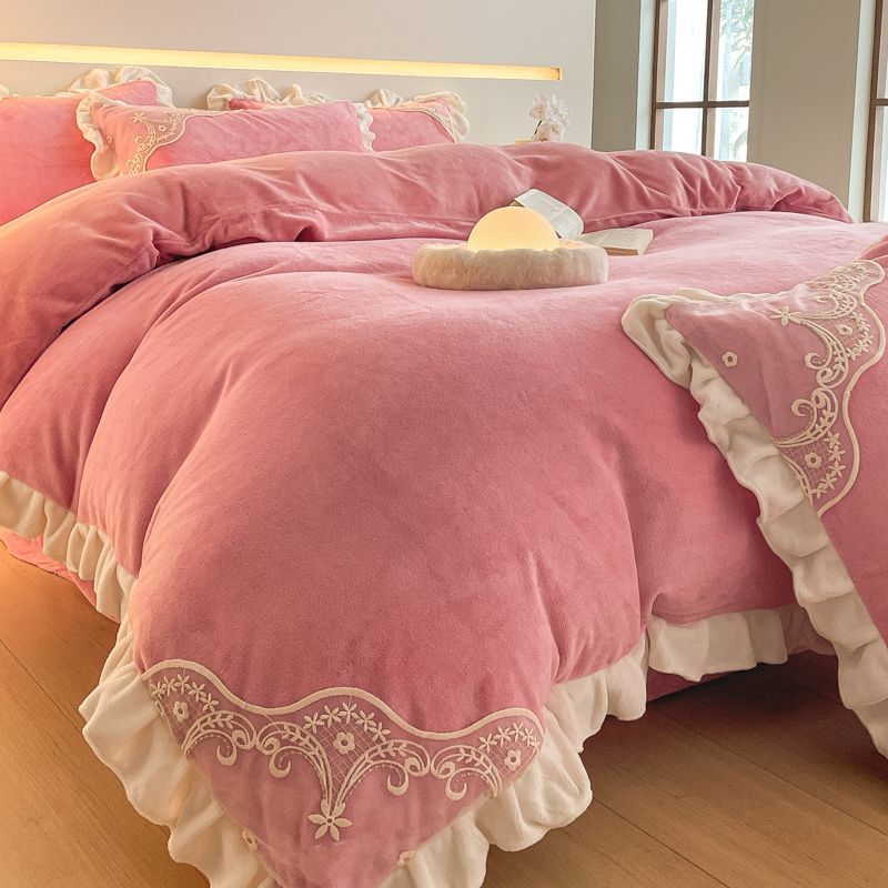 高顏值韓版牛奶絨四件套蕾絲邊公主風純色秋冬保暖絨床品