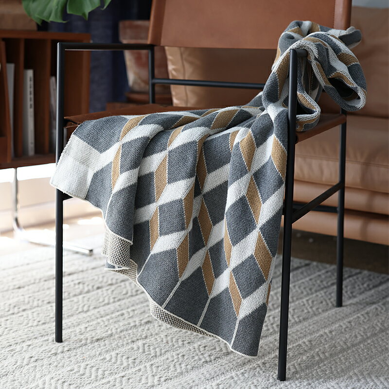 北歐幾何極簡風純棉毛線針織蓋毯沙發裝飾毛毯春秋午睡空調毯新款