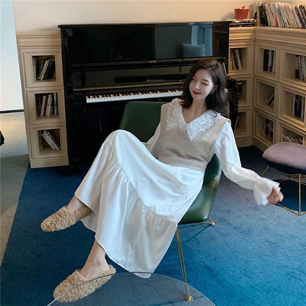 兩件式 蕾絲 翻領 洋裝 連身裙 連衣裙 長裙 長洋裝 襯衫 喇叭袖 荷葉 氣質 婚宴 婚禮 過年 新年 韓國 ANNA S.599 8