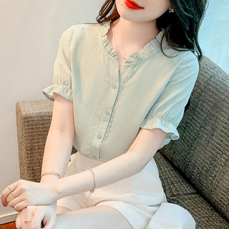 雪紡襯衫V領短袖女時尚百搭小衫女士上衣設計感百搭小眾夏新款