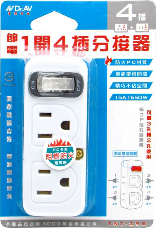 【TNT-29S】1開4插 節電分接器 多孔節能壁插 2Px2/3Px2 15A 1650W