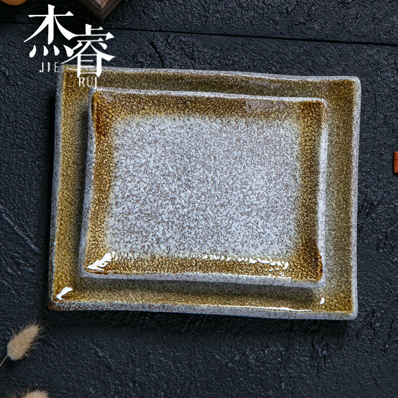 創意日式和風粗陶金邊銀星陶瓷餐具家用長方盤平盤壽司盤魚盤菜盤