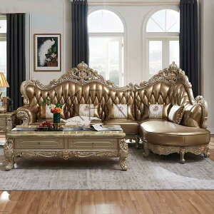 【KENS】沙發 沙發椅 歐式真皮沙發皇冠沙發奢華客廳轉角金色實木雕花L型貴妃別墅家具