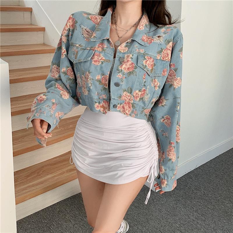 短款長袖上衣氣質法式復古小香風碎花牛仔外套女修身早春新款
