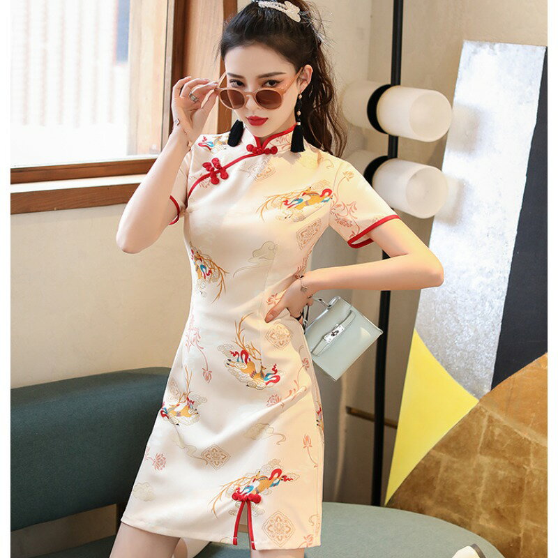 中國風日常旗袍裙夏季新款少女年輕款國潮改良版連衣裙短款