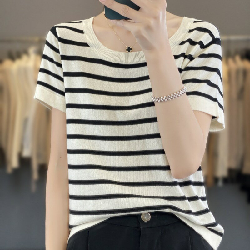 現貨+預購 針織衫短袖毛衣-薄款天絲條紋T恤女上衣74lc32【獨家進口】【米蘭精品】