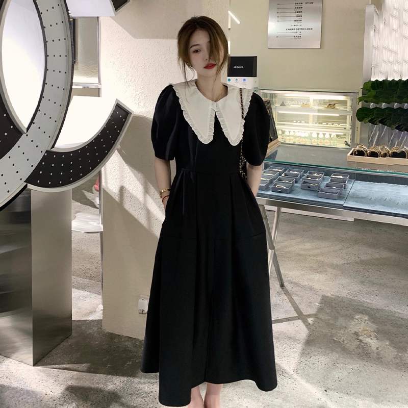 2022夏新款法式復古小禮服娃娃領黑色連衣裙女高級感初戀森系裙子