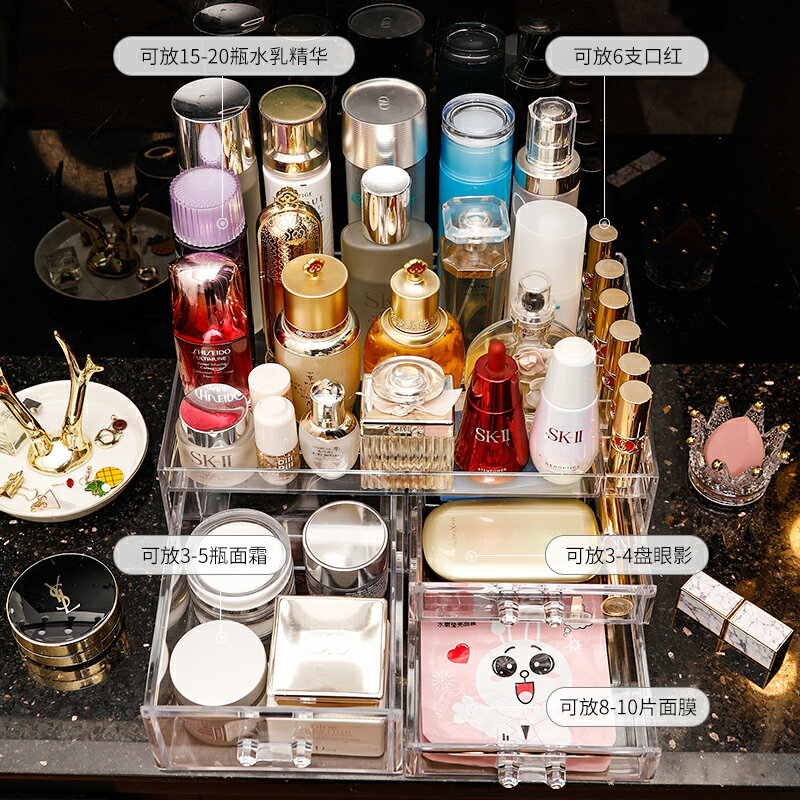 亞克力收納盒抽屜式透明化妝品家用桌面口紅護膚分類置物架梳妝臺