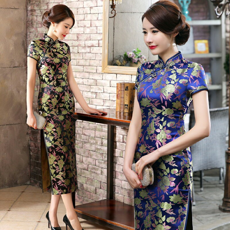 現貨快速出貨｜復古風 金色花朵刺繡織錦緞長款旗袍 中國風尾牙 旗袍趴 上海風主持舞會表演服裝 ｜兩色｜水水女人國