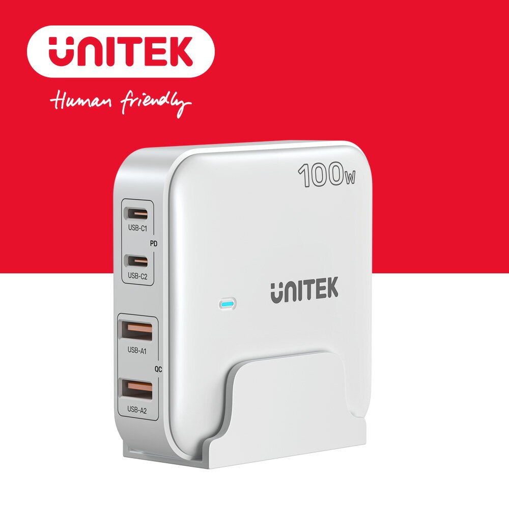 UNITEK 100W 4孔雙USB-C+USB-A GaN氮化鎵充電器BSMI認證 (Y-P1229AWH)