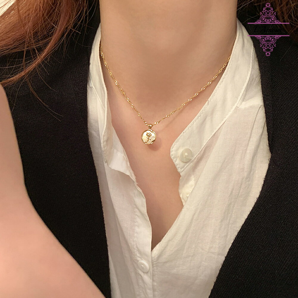 L'Amour  玫瑰貝殼母圓型項鍊 時尚輕奢高級感鎖骨鏈 氣質簡約日常百搭項鍊 女生精緻項鍊 鎖骨鏈【LA154】