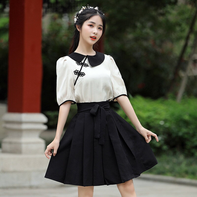 夏季新款少女學生日常漢元素女裝百褶半身裙百搭系帶黑色中裙
