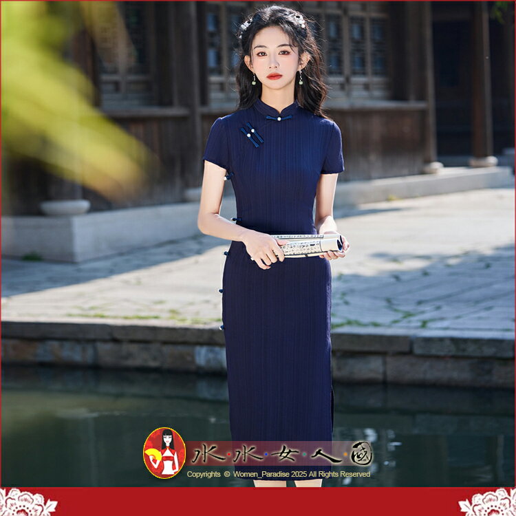 春夏新款彈力棉麻條紋旗袍復古典雅文藝風改良現代少女連身裙洋裝日常可穿-芳迷(藍色)-水水女人國