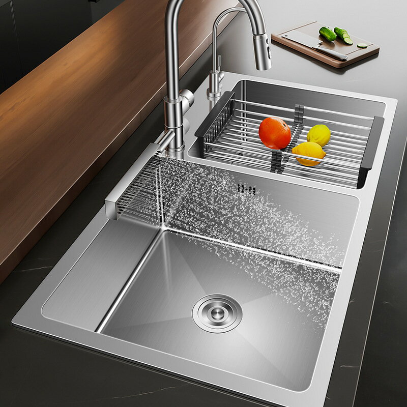 免運 可開發票 廚房瀝水槽 不锈钢水槽瀑布大双槽手工加厚厨房台下盆洗菜盆洗碗槽洗手池