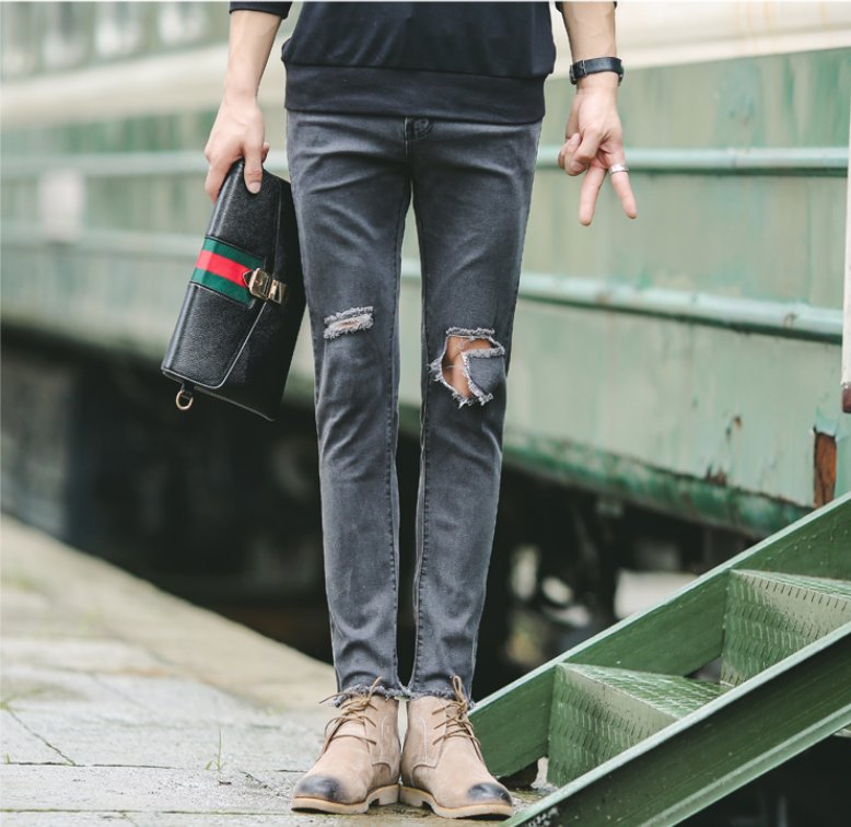 FINDSENSE品牌 韓國 潮品 破洞拉鏈 設計小腳牛仔褲 男