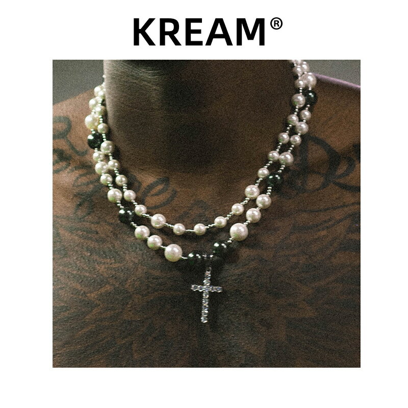KREAM原創嘻哈復古雙層疊戴貝珠珍珠項鏈配十字架吊墜 歐美流行