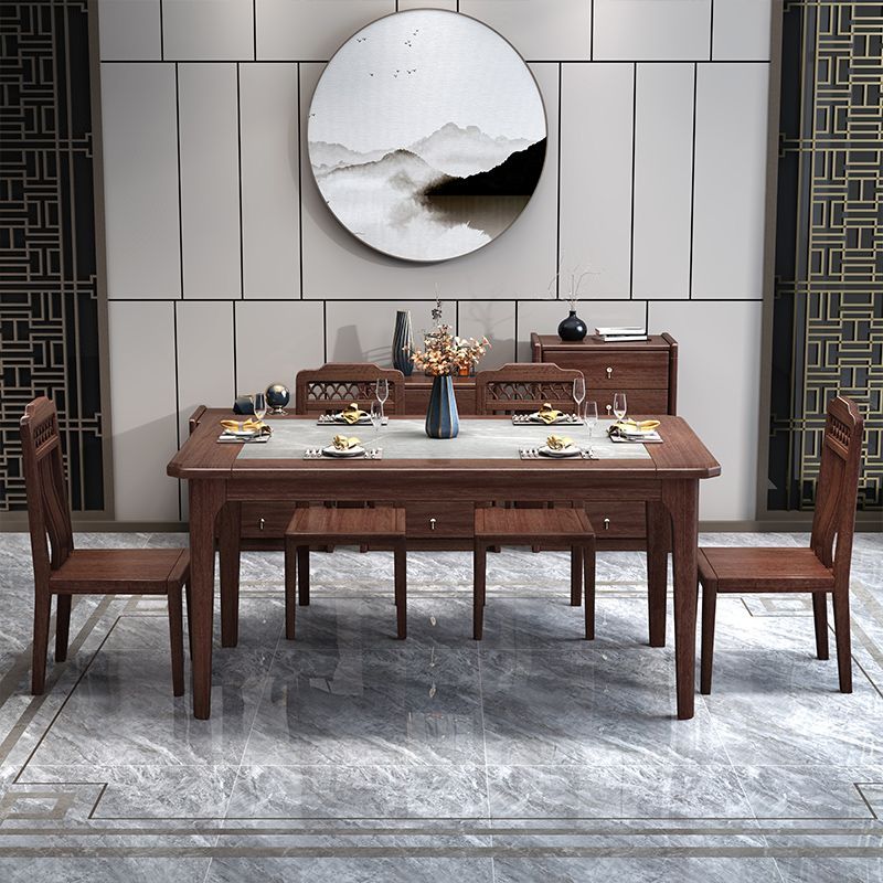 新中式烏金木餐桌椅組合家用小戶型實木巖板長方形現代簡約飯桌