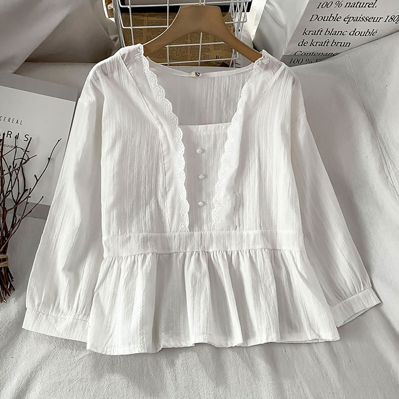 白色荷葉邊裙擺長袖襯衫女新款春裝設計感小眾襯衣小衫上衣