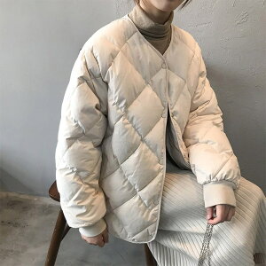 無領菱格羽絨服女冬季新款韓版寬松保暖小個子棒球服短款外套